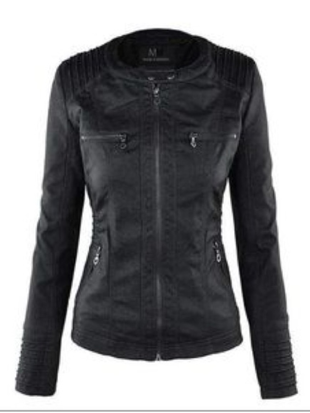 Women's Black Faux Kasdeya Leather Biker Jacket with detachable hood.